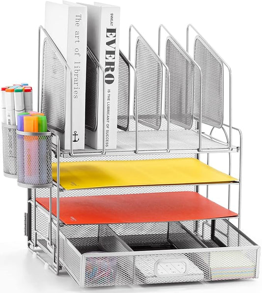 Marbrasse Desk Organizers, 4-Tier Mesh Desk File Organizer with 5 Vertical File Holders and 2 Pen Holders, Multifunction Desktop Organizer,Desk Organizers and Accessories for Home Office (Silver) by Marbrasse