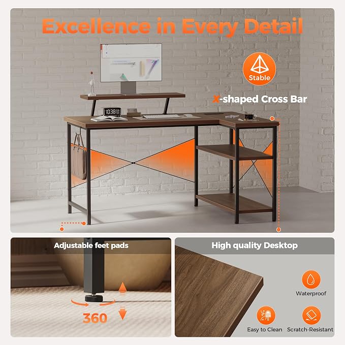 Mericonia 48 in Corner Desk with Monitor Stand, Small L Shaped Gaming Desk | Reversible Computer Desk with Power Outlets, LED Light & Storage Shelves, Office Table for Home Bedroom Study Work Writing - Image 6