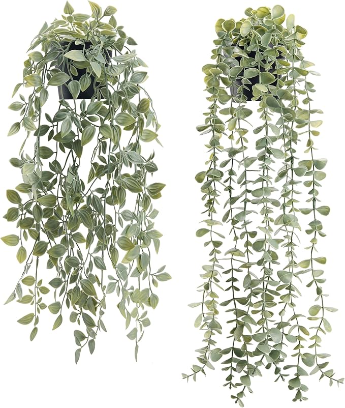 Der Rose 2Pcs Fake Plants Hanging Artificial Decor Faux Potted Eucalyptus and Pea Pod Plants for Boho Bathroom Home Office Desk Wall Shelf Bookcase Accessories Decor Indoor by DerRose