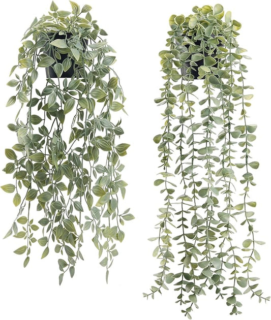 Der Rose 2Pcs Fake Plants Hanging Artificial Decor Faux Potted Eucalyptus and Pea Pod Plants for Boho Bathroom Home Office Desk Wall Shelf Bookcase Accessories Decor Indoor by DerRose