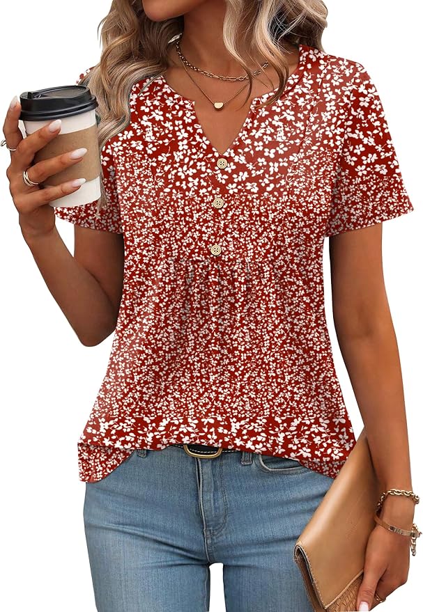 Zeagoo Womens Short Sleeve Tops Summer Henley V-Neck Tshirts Casual Pleated Blouse Dressy Loose Floral Basic Tee - Image 2