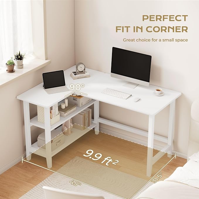 IOTXY Reversible L-Shaped Office Desk - 45" Compact Corner Computer Table with Storage Shelves, Solid Wood Legs, Writing & Study Workstation for Small Spaces, White - Image 7