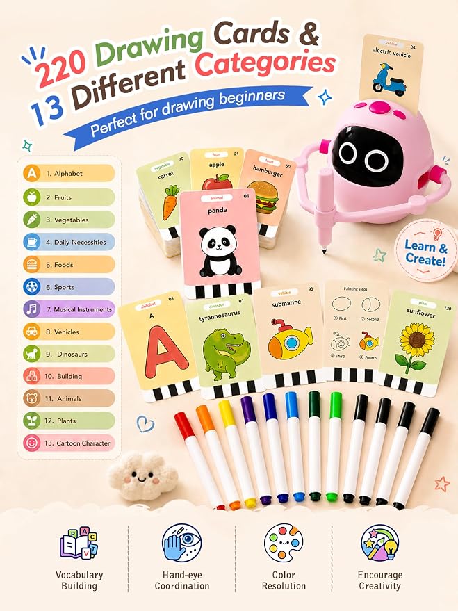Drawing Robot Toys for Kids, 220 Flash Cards Gift for 3-8 Years Old Boys Girls, Montessori Doodle Art Painting with Voice Interactive for Beginners, Birthday (Pink) - Image 4