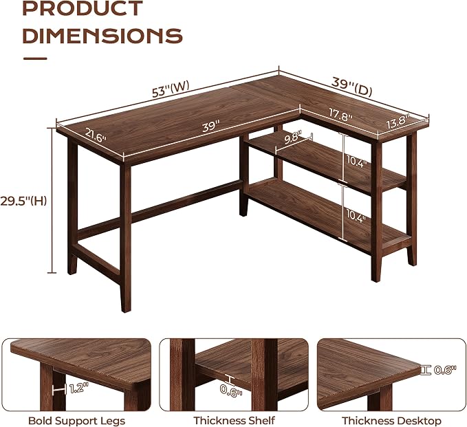 IOTXY Reversible L-Shaped Office Desk - 53" Modern Corner Computer Table with Storage Shelves, Solid Wood Legs, Home Writing & Study Workstation, Walnut - Image 2