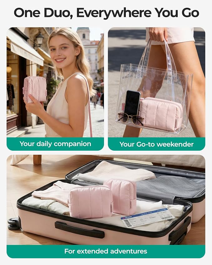 BAGSMART Puffy Travel Makeup Bag Duo Large & Small for Women, Chocolate | Puffy Padded, Travel Cosmetic Organizer with Slip-in Pockets, Large Toiletry Bag & Small Purse Pouch, Travel Essentials - Image 5