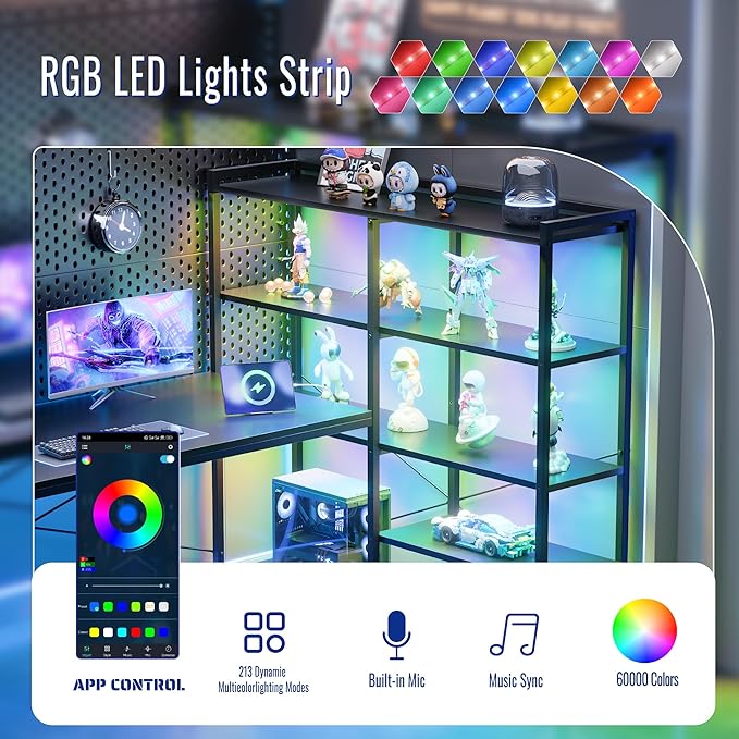 Pamray 49 Inch L Shaped Gaming Computer Desk with Shelves and Storage | Compact Reversible Design with LED Lights & Power Outlets, Suitable for Home Office Bedroom Small Spaces and Dorm Study Work - Image 3