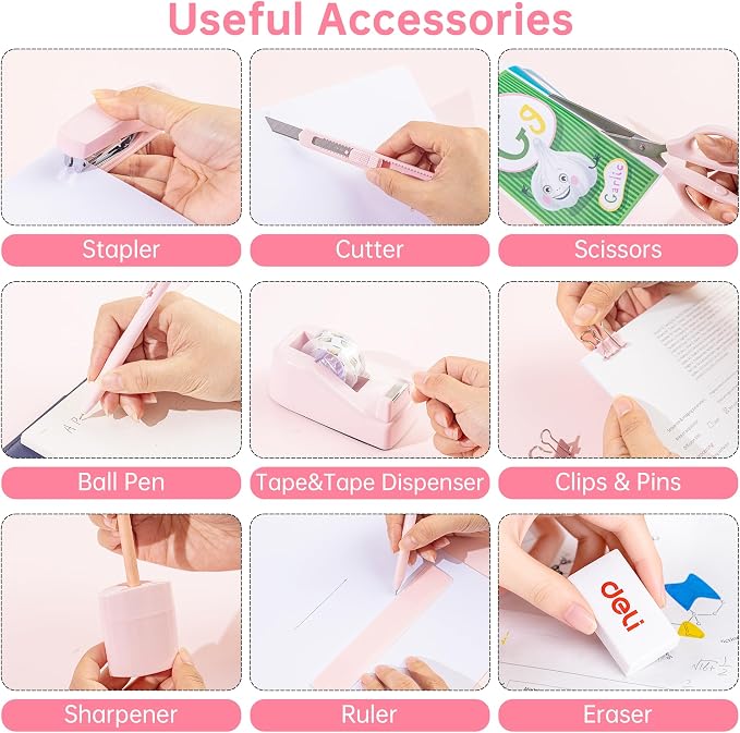deli Office Supplies Set, Desk Accessory Organizer Kit, Pink | Stationary Set, Desk Supplies with Rotating Multi-Functional Pen Holder &Stapler Set for Office, School, Home - Image 5