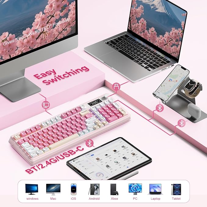 AULA S99pro Wireless Pink Keyboard,Full Size Creamy Gaming Keyboard | Tri-Mode Bluetooth/wireless/2.4GHz,RGB Backlit,Media Knob Programmable ABS Keycaps&Screen,Membrane Keyboard with Number Pad - Image 4