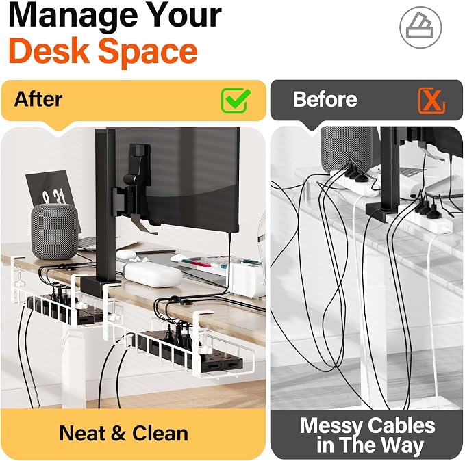 2 Pack Under Desk Tray, 31.4" No Drill Wire Management with Upgraded Clamp, Metal Cord Organizers for Desk, PC Cable Rack, White - Image 3