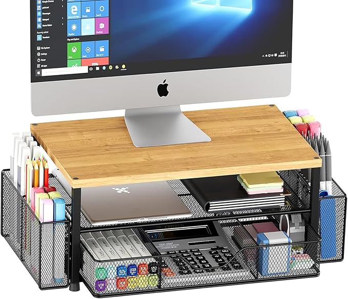 OPNICE Desk Organizers and Accessories, 2-Tier Computer Monitor Stand with Drawer and 2 Pen Holders, Laptop Stand, Office Desk Accessories for Office Supplies, Oak by OPNICE