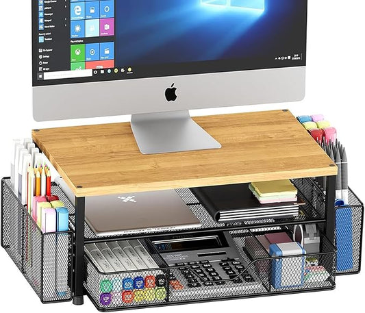 OPNICE Desk Organizers and Accessories, 2-Tier Computer Monitor Stand with Drawer and 2 Pen Holders, Laptop Stand, Office Desk Accessories for Office Supplies, Oak by OPNICE