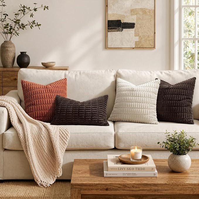MIULEE Pack of 2 Corduroy Decorative Lumbar Throw Pillow Covers 20x12 Inch Soft Boho Striped Pillow Covers Modern Farmhouse Home Decor for Sofa Living Room Couch Bed Dark Brown - Image 3