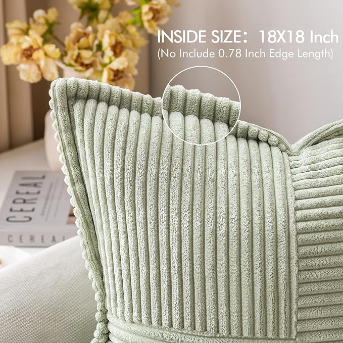 MIULEE Spring Decorative Throw Pillow Covers for Couch Bed Livingroom 18x18 Inch Set of 2 Light Green Boho Accent Throw Pllows Broadside Striped Patchwork Soft Corduroy Summer Pillowcases - Image 2
