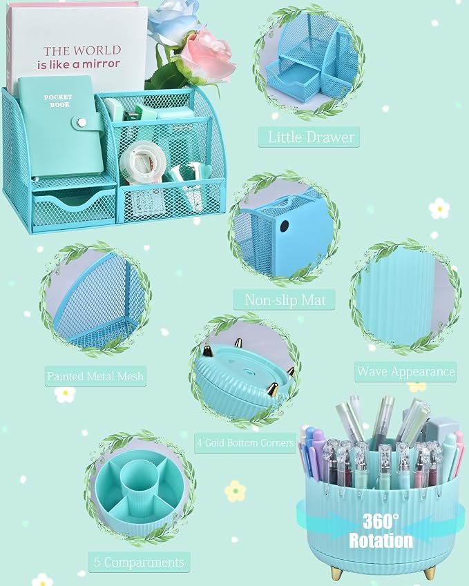 LXEVIHK 21Pcs Green and Blue Desk Organizers and Accessories With Mesh Desk Organizer and 360°Rotating Pen Holder and a Lot of Office Green Office Supplies Beautifully Presented in a Gift Box - Image 2