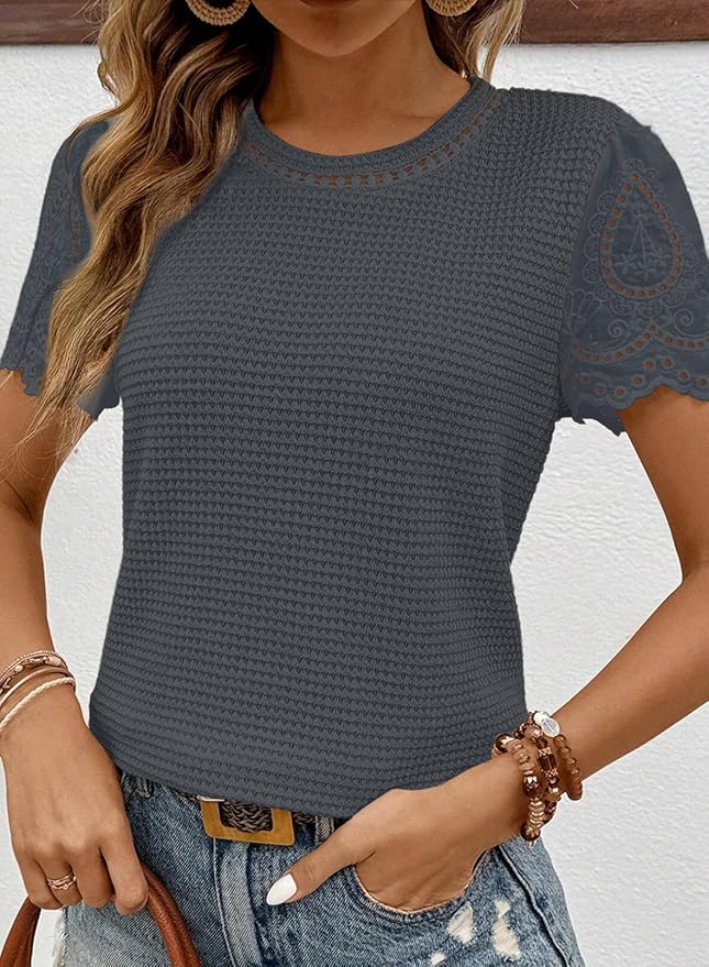 SHEWIN Womens Frenchy Summer Tops Crewneck Short Sleeve T Shirts Casual Waffle Knit Jacquard Blouses Top Shirts - Image 3