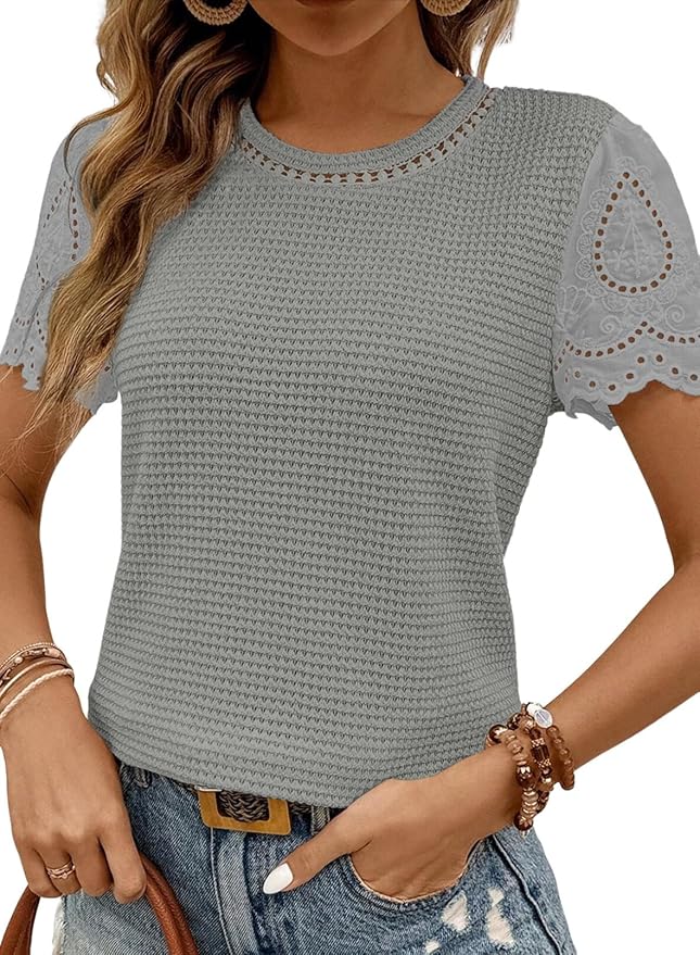 SHEWIN Womens Frenchy Summer Tops Crewneck Short Sleeve T Shirts Casual Waffle Knit Jacquard Blouses Top Shirts by SHEWINBeYourFashionStylist