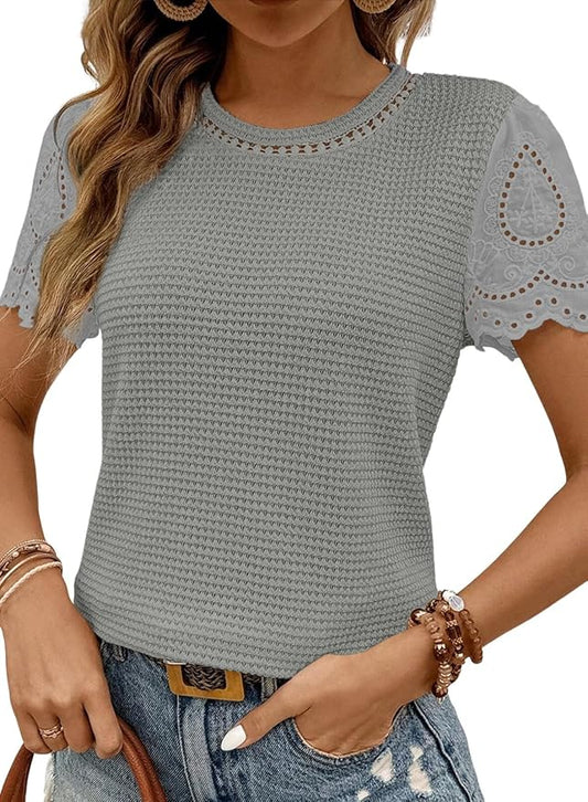 SHEWIN Womens Frenchy Summer Tops Crewneck Short Sleeve T Shirts Casual Waffle Knit Jacquard Blouses Top Shirts by SHEWINBeYourFashionStylist