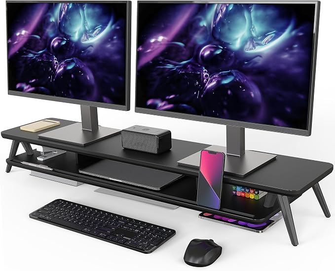Fenge Dual Monitor Stand, Monitor Stands Riser for 2 monitors, 42.5 Inch Wood Desk Shelf with Storage Organizer and Cable Management for Office Desk Accessories by Fenge