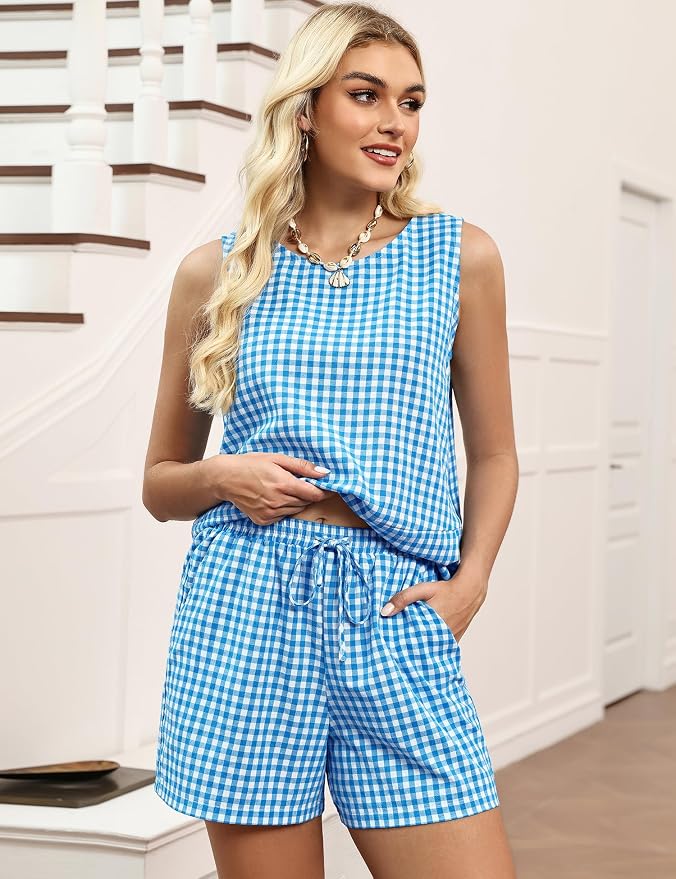 LOMON Women's Trendy 2 Piece Outfits Shorts Sets Summer Crew Neck Sleeveless Tank Top and Bottom Matching with Pockets 2026 - Image 5