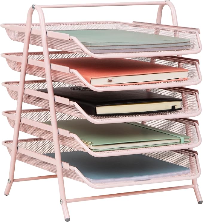 Mind Reader 5-Tier Paper Tray Organizer, Vertical Desktop File Storage Rack, Office, Metal Mesh, Pink (Pack of 6) by MindReader