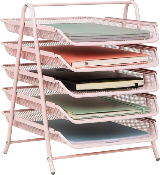 Mind Reader 5-Tier Paper Tray Organizer, Vertical Desktop File Storage Rack, Office, Metal Mesh, Pink (Pack of 6) by MindReader