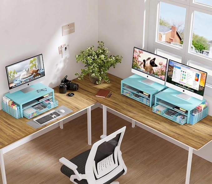 OPNICE Computer Monitor Stand Riser, Desk Organizer with Drawer, Printer & Laptop Stand, Office Desk Accessories & Workspace Desktop Organizers Storage for Office Supplies(Blue) - Image 6