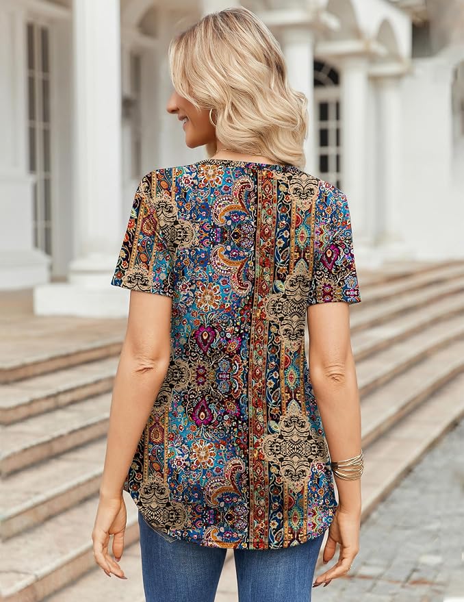 Zeagoo Womens Short Sleeve Tops Summer Henley V-Neck Tshirts Casual Pleated Blouse Dressy Loose Floral Basic Tee - Image 4