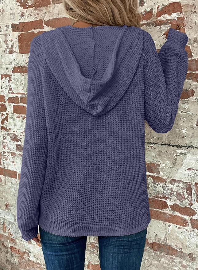 Dokotoo Hoodies for Women Waffle Knit Long Sleeve Drawstring Button V Neck Casual Sweatshirt Hooded Tops Fashion Clothing - Image 2