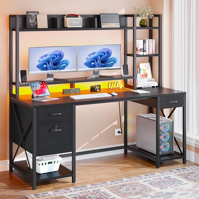 DWVO Computer Desk with Drawers & Hutch, 59.1" Office Desk with Power Outlets & LED Lights, Home Office Desk with Storage Shelves, Black by DWVO
