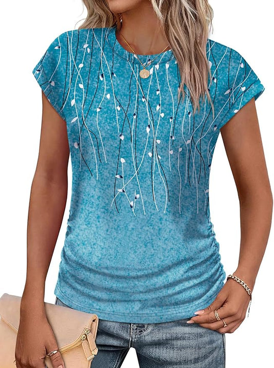 Sampeel Womens Summer Tops Trendy 2026 Ruched Cap Short Sleeve Tshirts Shirts Crew Neck T Shirts Fashion by SAMPEEL
