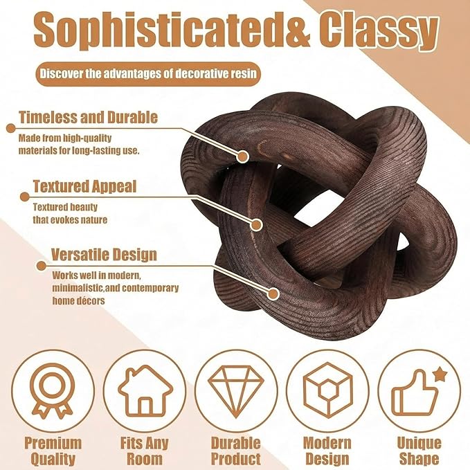 Yalikop 3 Link Wood Knot Decor Rustic Home Décor Accents Hand Carved Coffee Table Decoration, Boho Chain Link Decoration, Modern Shelf, Rustic Objects for Home Living Room Bedroom(Black Walnut) - Image 3