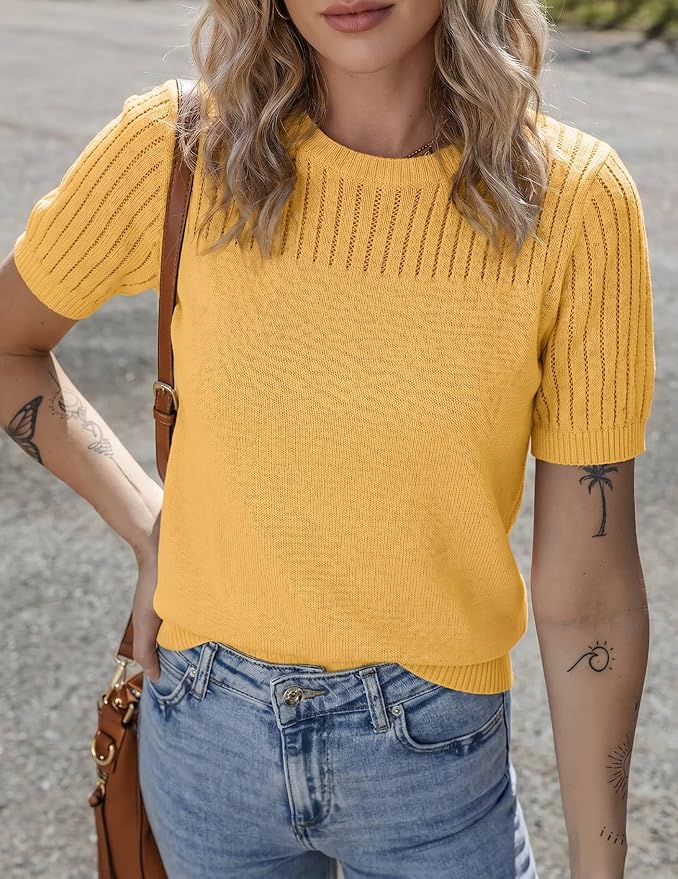 Zeagoo Women's Short Sleeve Sweater Tops 2026 Spring Summer Crew Neck Hollow Out Blouses Dressy Business Casual Outfits - Image 4