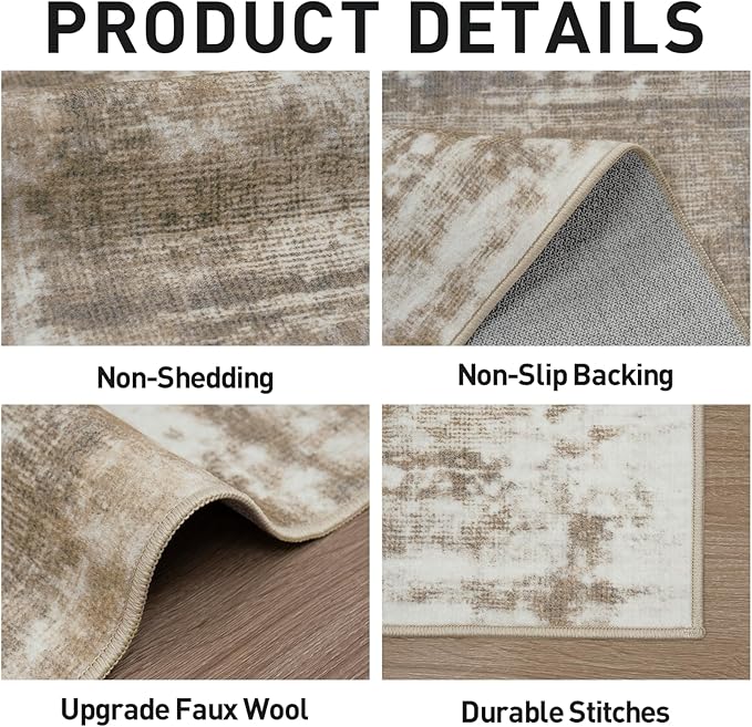 9x12 Area Rugs Washable Rug: Modern Abstract Living Room Rug Soft Anti-Skid Thin Carpet Indoor Floor Non-Shedding Carpets for Bedroom Dining Room Farmhouse Nursery Home Office Brown White - Image 6