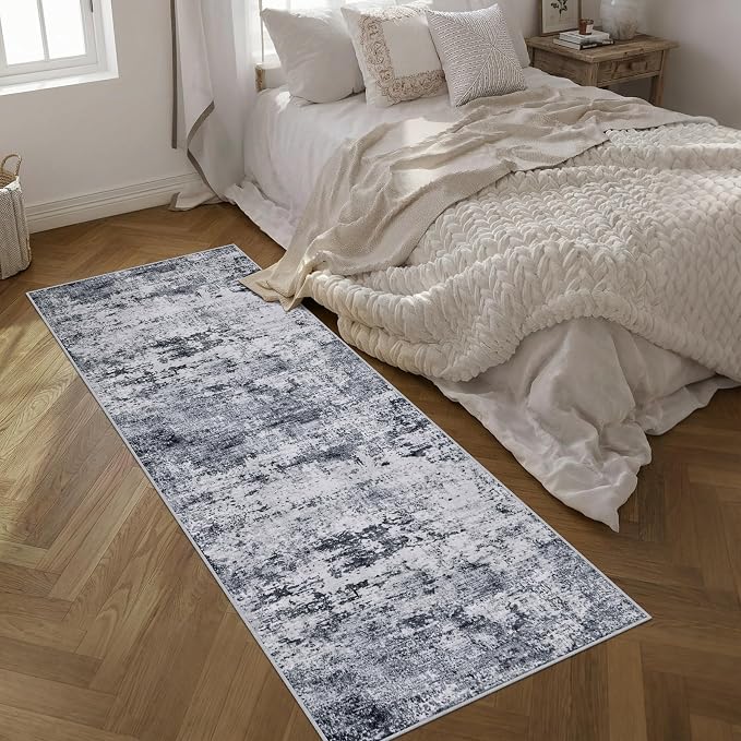 Washable Area Rug 3x8 Entryway Rug: Washable Modern Abstract Soft Thin Rug Indoor Floor No Slip Stain Resistant Carpet for Bedroom Dining Room Farmhouse Nursery Home Office - Grey - Image 2
