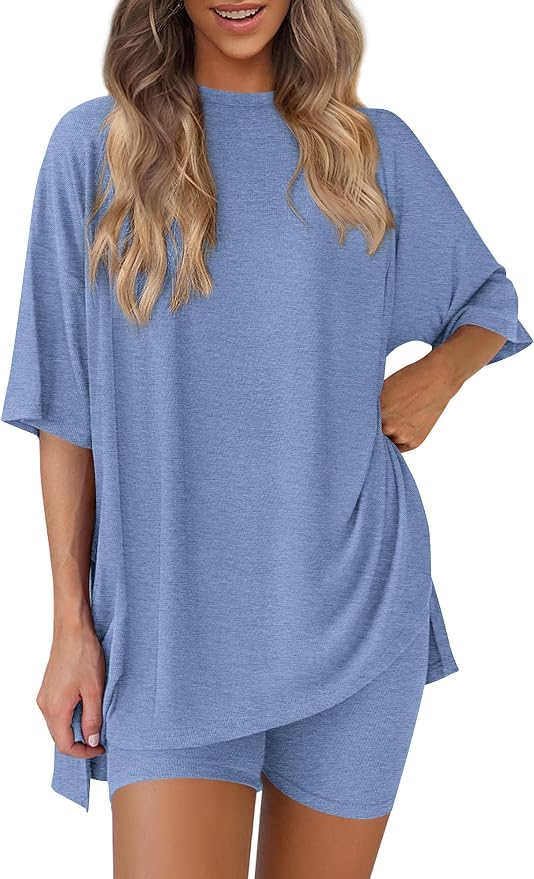 PRETTYGARDEN Women 2 Piece Lounge Set 2026 Summer Casual Oversized Shirts Biker Shorts Matching Airport Travel Outfit Clothes by PRETTYGARDEN