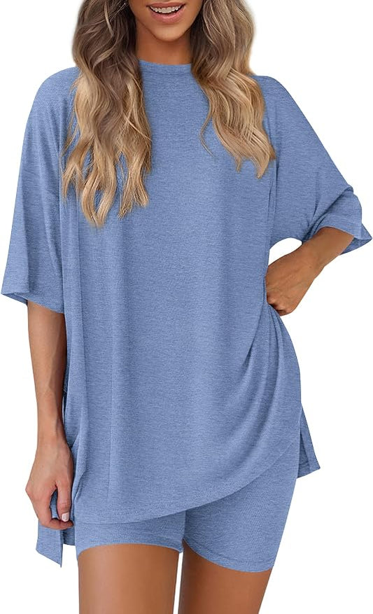 PRETTYGARDEN Women 2 Piece Lounge Set 2026 Summer Casual Oversized Shirts Biker Shorts Matching Airport Travel Outfit Clothes by PRETTYGARDEN