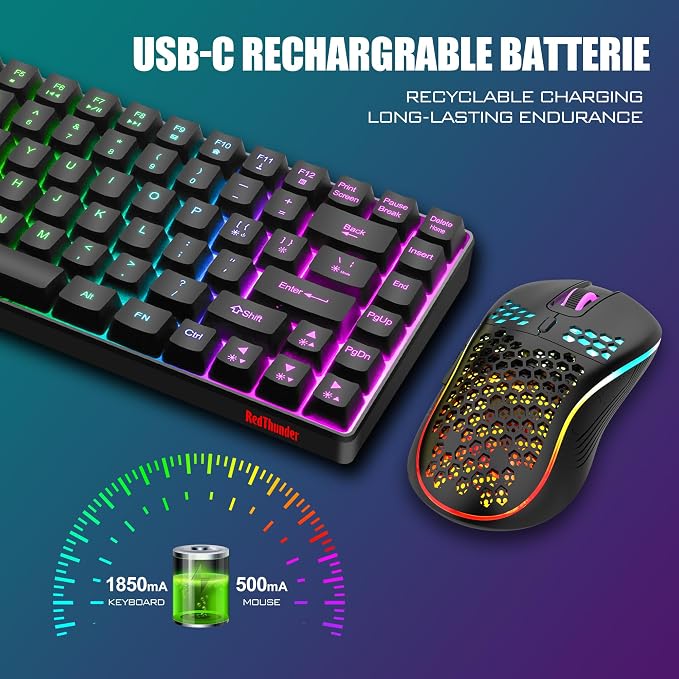 RedThunder K84 Wireless Keyboard and Mouse Combo, Rainbow Backlit Rechargeable Battery, 75% Layout TKL Ultra Compact Gaming Keyboard & Lightweight 3200 DPI Honeycomb Optical Mouse (Black) - Image 5