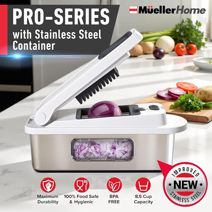 MUELLER HOME Pro-Series 10-in-1, Stainless Steel Multi Vegetable Chopper | 8 Blade Mandoline Slicer, Kitchen Accessories and Essentials, Food and Veggie Chopper, Mincer, Dicer, White Sand/Grey - Image 2