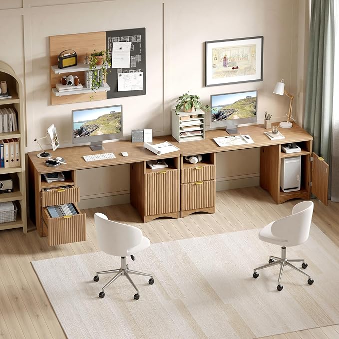 Bestier 59 inch Computer Desk with 2 Drawers, Office Desk with Storage File Cabinet and 2 Open Storage Shelves, Modern Fluted Executive Desk for Home Office Bedroom, Brown Oak - Image 6