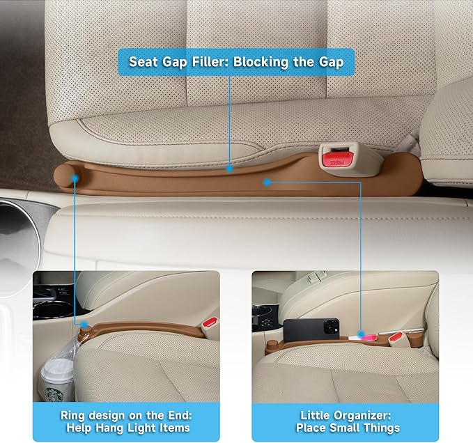 Car Seat Gap Filler Set of 2, 3IN1 Seat Side Gap Filler Plug with Storage Slot & Hook Function, Soft Foam Universal Fit Car SUV Truck Fill Gap Between Seats Console Organizer（Narrow Mocha Brown ） - Image 3
