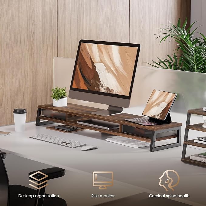 Fenge Dual Monitor Stand, Monitor Riser with Drawer, 42.5 Inch Large Computer Monitor Stand for 2 Monitors, 2 Tier Wooden Desk Shelf for Top of Desk - Image 7