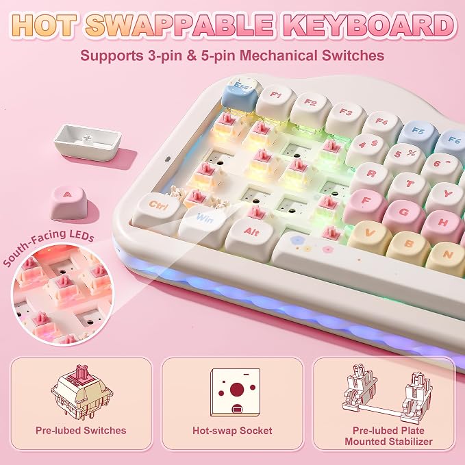 YUNZII C75 Cute 75% Wireless Mechanical Keyboard (Beige, Candy Switch) | Creamy Cake Keyboard, BT5.0/2.4G/USB-C, Hot-Swap, NKRO, PBT MOA Keycaps,5500mAh RGB Gasket Mount for Mac/Win/Gaming/Office - Image 5