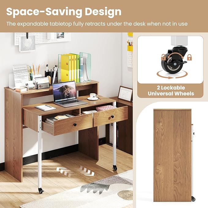 Giantex Small Computer Desk with Hutch & Drawers, Extendable Writing Desk w/Pull Out Secondary Table, Monitor Stand & Rolling Wheels, Console Table, Compact Desk for Small Spaces (Natural) - Image 6