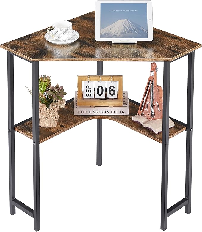 VECELO Small Corner Computer Desk 33 x 23 inches with Storage Shelves for Small Spaces,Triangular Shape,Brown by VECELO
