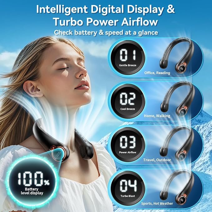 BNBZ Portable Neck Fan, 6000mAh Rechargeable Fan Blows Cold Air with LED Display, 4 Speeds, 20H Runtime, Quiet Wearable 360° Personal Cooling Fan for Outdoor Travel Work Gym,Fireplace Fans - Image 4