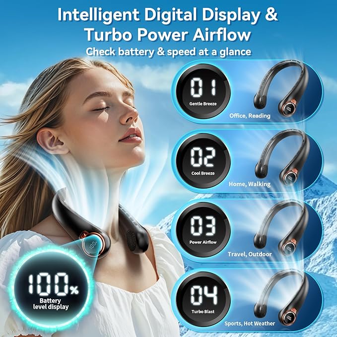BNBZ Portable Neck Fan, 6000mAh Rechargeable Fan Blows Cold Air with LED Display, 4 Speeds, 20H Runtime, Quiet Wearable 360° Personal Cooling Fan for Outdoor Travel Work Gym,Fireplace Fans - Image 4