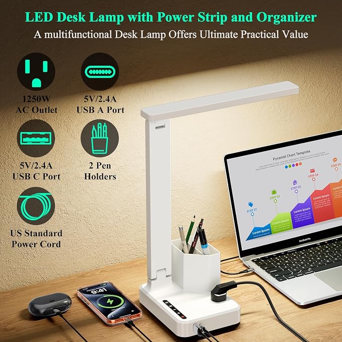 COZOO LED Desk Lamp with 2 USB Charging Ports,Type C Port,1 AC Outlet,2 Pen Holders,3 Color Temperature 3 Brightness Level,Touch/Memory/Timer,10W Eye Protection Foldable Reading Light,Study Lamp-White - Image 6