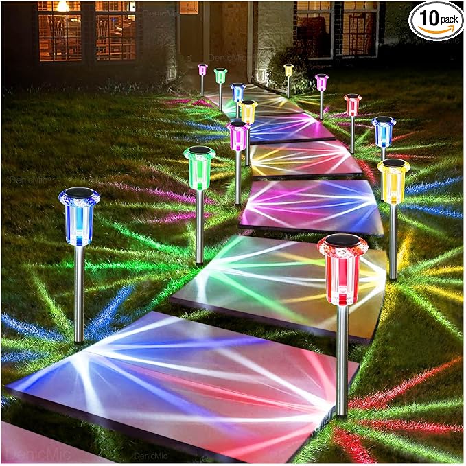 DenicMic Outdoor Solar Lights Waterproof 10 Pack Color LED Christmas Decor | Pathway Yard Garden Driveway Landscape Path Lighting - Candy Cane Style Starburst Light Pattern, Acrylic/Stainless Steel by Denicmic