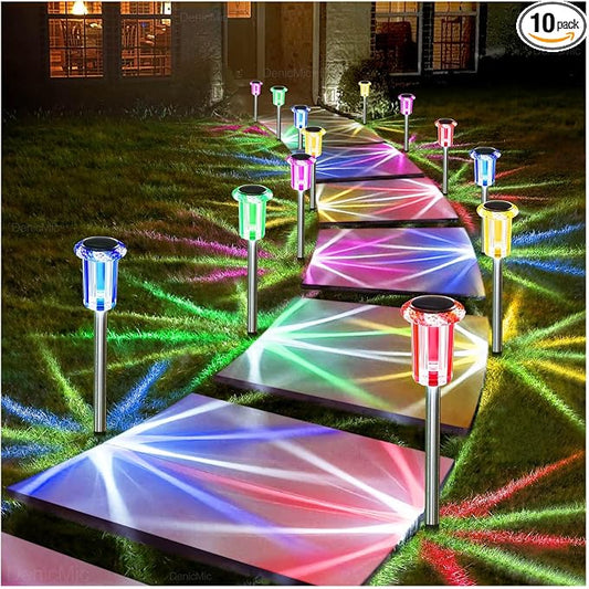DenicMic Outdoor Solar Lights Waterproof 10 Pack Color LED Christmas Decor | Pathway Yard Garden Driveway Landscape Path Lighting - Candy Cane Style Starburst Light Pattern, Acrylic/Stainless Steel by Denicmic
