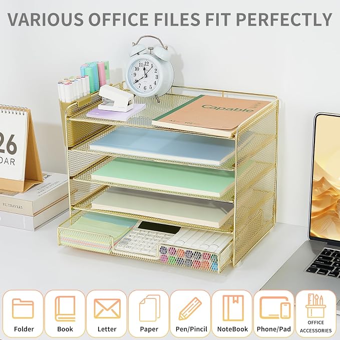 LEKETREE Desk Organizers and Accessories, 5-Tier Paper Letter Tray Organizer with Drawer & 2 Pen Holders, Desktop Organizer for Office Supplies (Gold) - Image 4